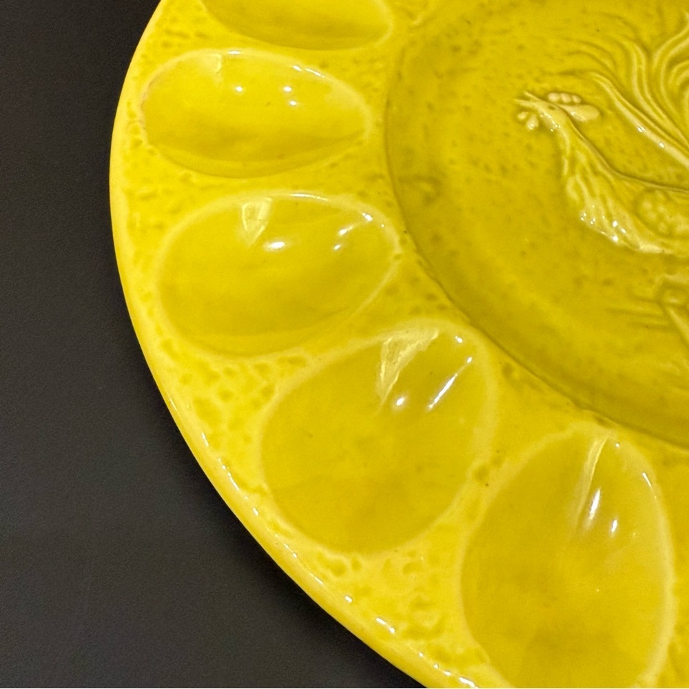 Vintage California Pottery Yellow Glazed Rooster Deviled Egg Plate 12” Platter - Picture 8 of 16